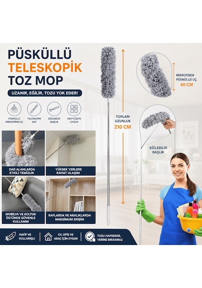 Mikrofiber Püsküllü Manyetik Anti-statik Toz Alma Mopu 210 Cm Teleskopik Uzayabilen Saplı Bükülebilir Başlıklı 40 Cm Püs