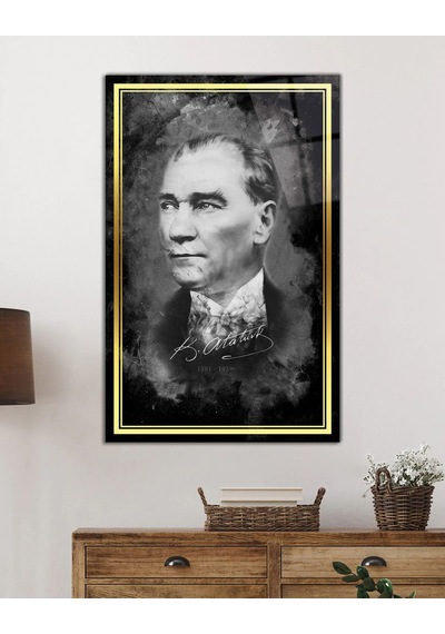 Miyrem Glasses Collection -a1^ Gold Şerit Atatürk Portresi Siyah Beyaz Cam Tablo