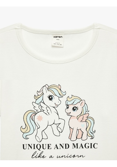 Koton Pamuklu Kısa Kollu Bisiklet Yaka Unicorn Baskılı Tişört Ekru 6smg10185ak