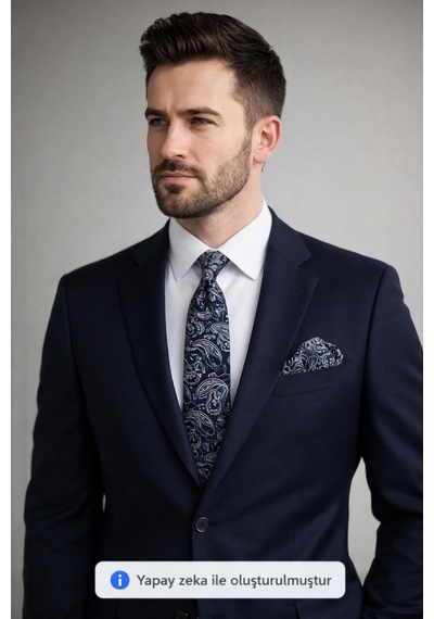 Gaffy Gri Şal Desenli Lacivert Dokuma Kumaş Mendilli Slim Fit Kravat // Sdk-2607-2 Lacivert