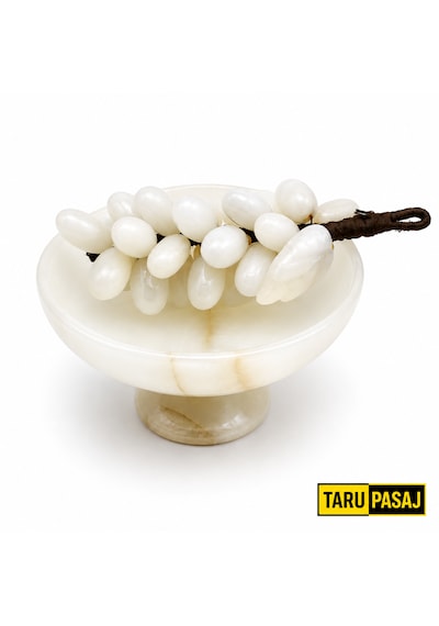 Feng Shui Bereket Üzümü Ve Van Taşı Ayaklı Çanak Seti 30 Taneli Doğal Taş Üzüm Salkımı Dekor 5 İnç El Yapımı Çanak Beyaz