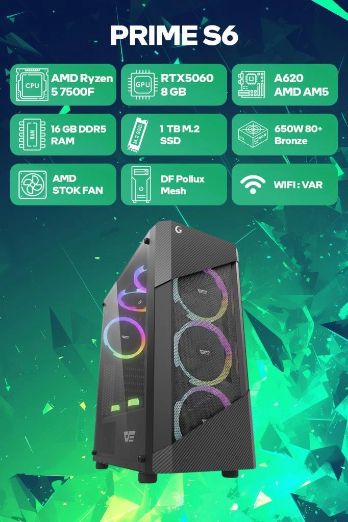 Game Garaj Prime S6 R5-7500F 16 GB 1 TB SSD RTX5060 Free Dos Oyuncu OEM Paket