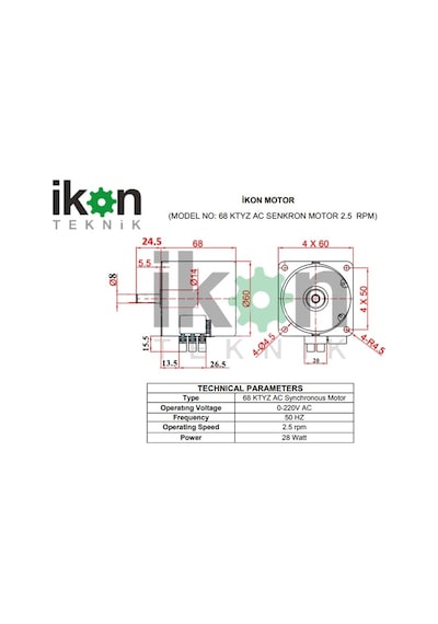 İKON TEKNİK AC SENKRON MOTOR 68KTYZ 2.5 RPM 8 mm (D şaftlı,Deliksiz)