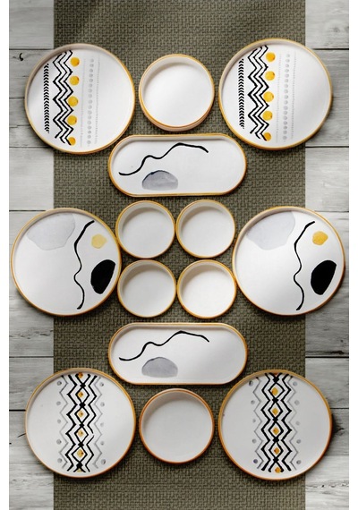 14 Parça 6 Kişilik Axial  Stackable Kahvaltı Takımı -  Lüx Kahvaltılık Sunum Seti Tabağı Beyaz - Siyah