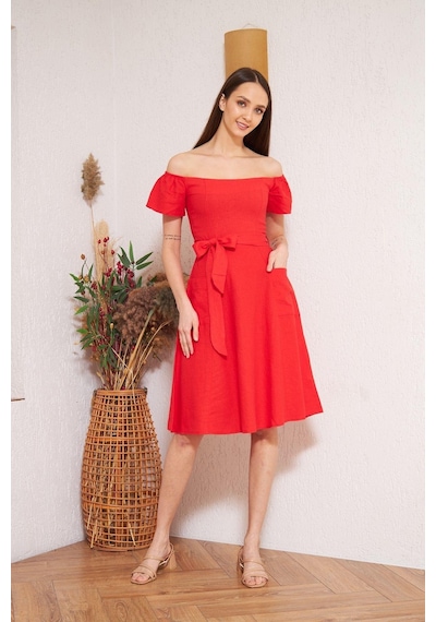 Darlin Moda Kırmızı Omzu Açık Elbise Dm1008 Kırmızı
