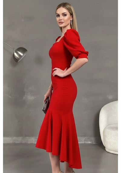Defymoda Kadın Balık Model Cazibeli Elbise Kırmızı