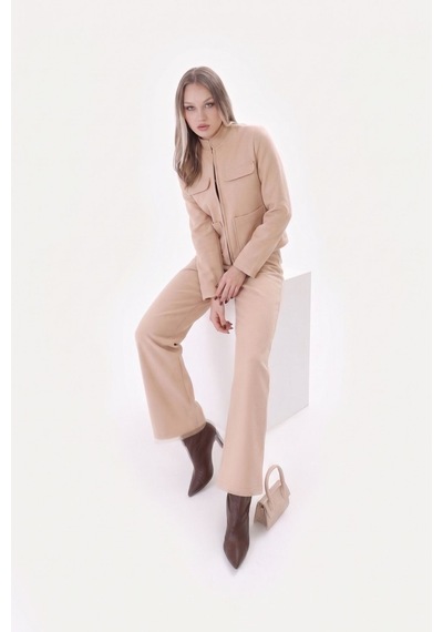 Soft&Basic Kadın Bej Dik Yaka Cepli Ceket Düz Paça Pantolon İkili Takım