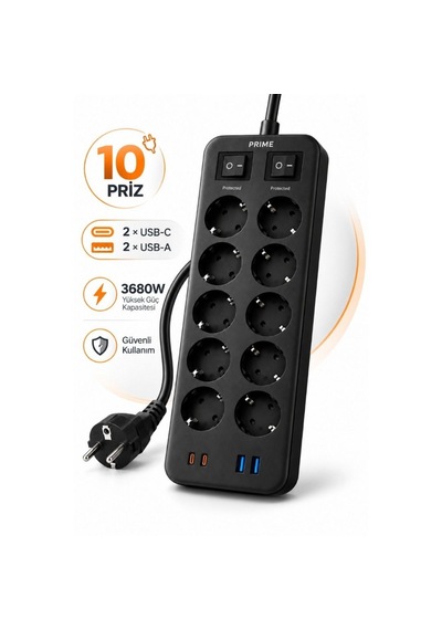 10 Lu Akım Korumalı Grup Priz 3680w, 2 Usb-c + 2 Usb-a, 1050j, 2 Metre Kablo 0 - 2 M