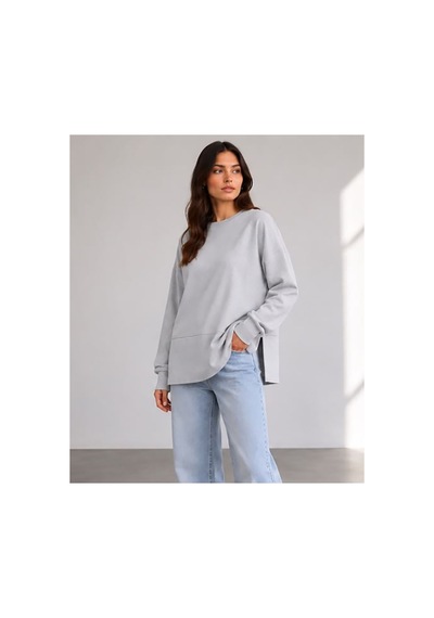 Herkesemoda Oversize/geniş Kalıp Yırtmaçlı Bisiklet Yaka Yumuşak Tuşeli Örme Sweatshirt Gri