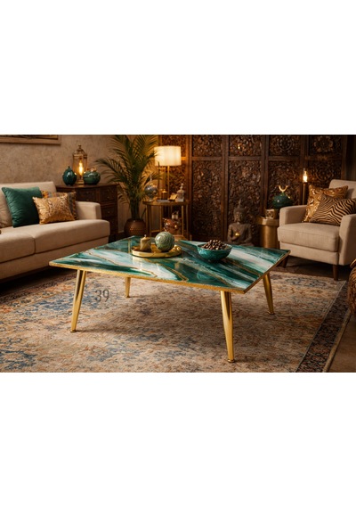 Emerald Regalıa Lüks Geode Epoksi Orta Sehpa 50x70 Cm Altın Detaylı Contemporary Tasarım, Modern Lüks Ev Dekoru Yeşil