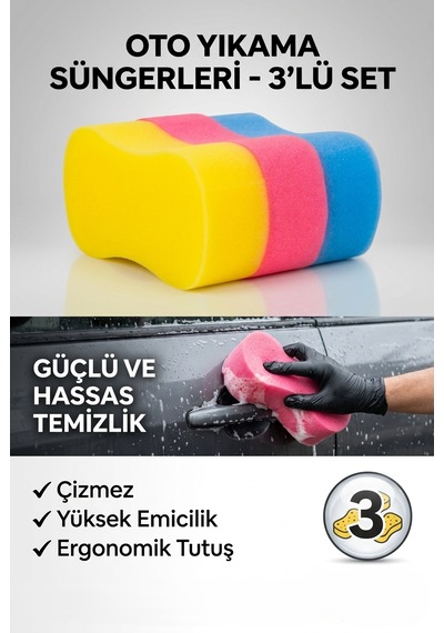 Oto Yıkama Süngeri 3'lü Set - Çizmeyen Yüksek Emici Araba Temizlik Süngeri 3 Adet
