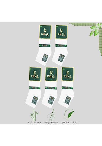 Kral Socks Erkek Bambu Düz Desen 5 Çift Dikişsiz Patik Çorap Beyaz