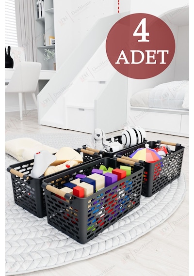 4 Adet Ahşap Saplı Görünüm Siyah Renk Plastik Mutfak Banyo Eşya Organizer Sepet Düzenleyici Set Siyah