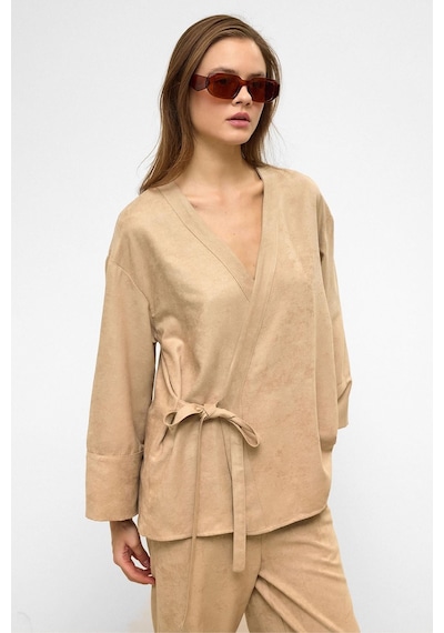 Olcay Önü Bağlamalı Süet Görünümlü Kimono İkili Takım Taş 9366-tk