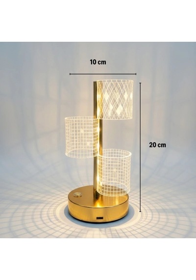 3 Parça Silindirik Kristal Ekose Kareli Led Masa Lambası - Gold Gövdeli, Dokunmatik, 3 Kademe Işık Ayarlı Şarjlı Dekoratif Lamba Bx40 Çok Renkli