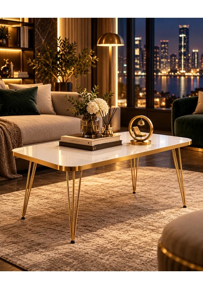 Odera Beyaz Orta Sehpa 90x50 Cm Metal Ayaklı Retro Modern Salon Sehpası Diğer