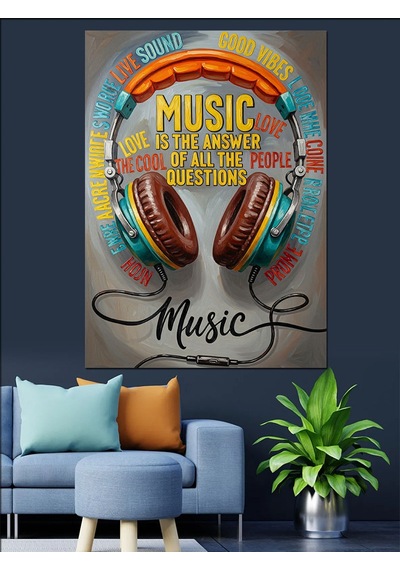 Ahşap Tablo Müzik Kulaklık Ses Dalgaları