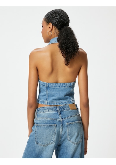 Koton Halter Yaka Denim Crop Top Fermuarlı Sırt Dekolteli Slim Fit Açık İndigo 4sal30034md Açık İndigo Koton Halter Yaka Denim Crop Top Fermuarlı Sırt Dekolteli Slim Fit Açık İndigo 4sal30034md Açık İndigo
