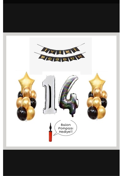 14 Yaş - Gümüş Silver Folyo Balon Parti Seti + Balon Pompası Hedi