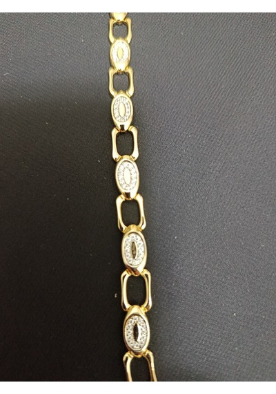 Zirkon Taşlı Lüks Tasarım Elips Geçişli Gold Çelik Kelepçe Bileklik Altın