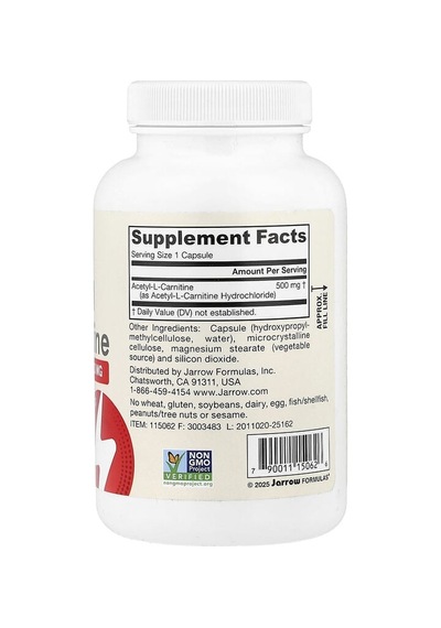 Jarrow Formulas, Vegan Acetyl L-carnitine, 500 Mg, 120 Veg Capsules Aromasız