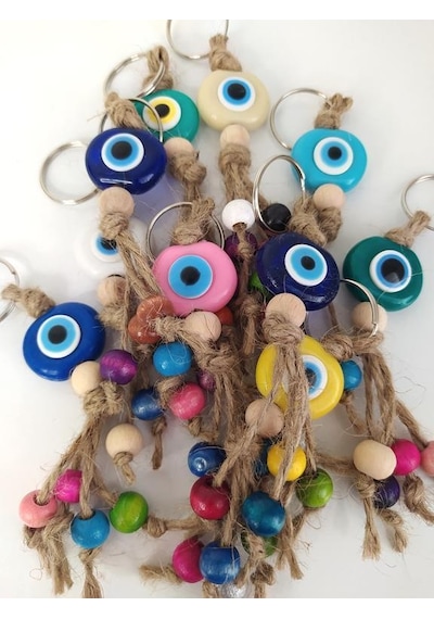 20 Adet Anahtarlık Karışık Renkli Kötü Göz Kovucu Nazar Hand Made Hasır Renkli Ahşap Boncuklu Nazarlık Çanta Araba Süsü