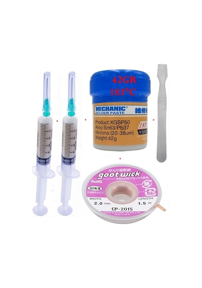 Mechanic Krem Lehim Solder Paste 183 C 42g Lehim Toplama Cp-2015 Emme Teli 2 0mm Ve Metal Spatula Seti St03