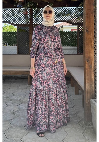 Rabia Şamlı Rengin Şal Desenli Gömlek Elbise Pembe Normal