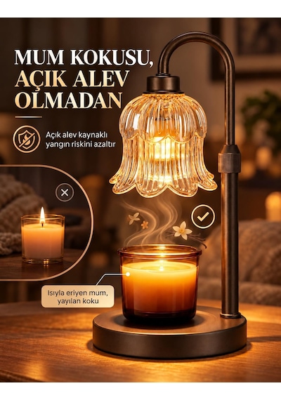 Valkyrie Ayarlanabilir Mum Isıtma Lambası Çiçek Cam Başlıklı Zaman Ayarlı 4 Kademeli Işık 2 Ampullü Siyah