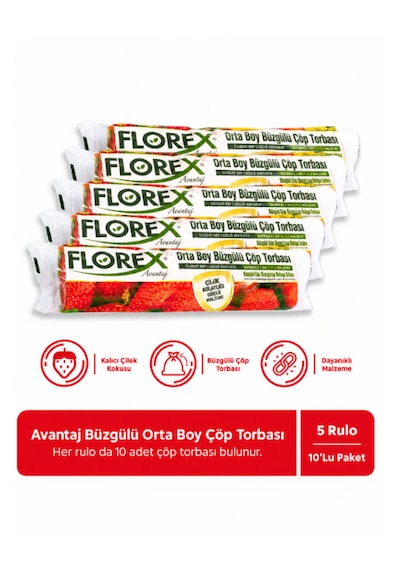 Florex Büzgülü Çilek Kokulu Orta Boy Çöp Poşeti - 5 Rulo 55 60