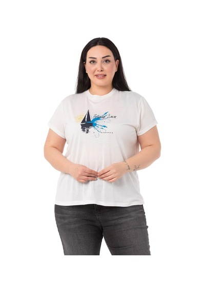 Disentis Büyük Beden Yelken Baskılı Bisiklet Yaka Beyaz T-shirt-beyaz Lacivert Beyaz - Lacivert