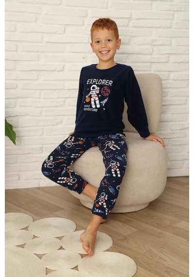 Yeni Stil Sonbahar/kış Erkek Çocuk Uzay Figür Astronot Desen Polar Pijama Takımı 4565 Lacivert