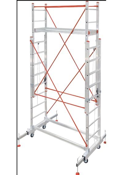 4 Metre Çift Kademeli 12 Basamaklı (6+6) Tekerlekli Alüminyum İskele Platform