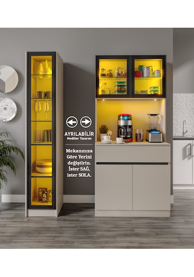 Lora Kum Beji Midi Sol Vitrinli Komple Mdf Led Aydınlatmalı Kahve Köşesi Lora Kum Beji Midi Sol Vitrinli Komple Mdf Led Aydınlatmalı Kahve Köşesi