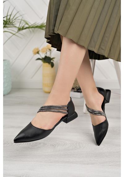 Nesilshoes Nesil Shoes Desca 557 Siyah Yanı Açık Taş Detaylı Kadın Ayakkabı