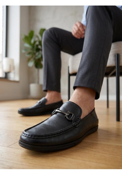 Komcero 6y3546-189 Erkek Hakiki Deri Tokalı Comfort Loafer Ayakkabı Siyah