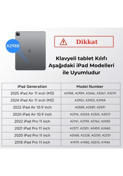 İpad Uyumlu Air 11" M2-m3 2024-25 360 Dönen Standlı Işıklı Risser Türkçe Q Klavyeli Tablet Kılıfı
