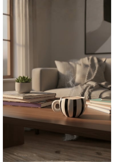 Siyah Çizgili 400 Ml El Yapımı Seramik Çay Kahve Mug Kupası Mıt1322 Siyah - Beyaz