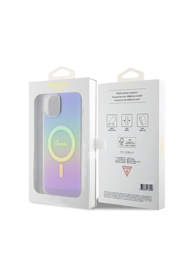 Apple Uyumlu iPhone 15 Kılıf Guess Lisanslı Magsafe Şarj Özellikli Yazı Logolu Iridescent Siyah