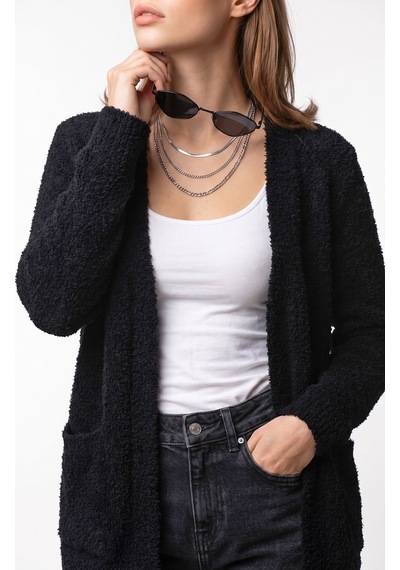 Mixray 7069 Kadın Buklet Dokulu Cepli Oversize Triko Hırka Siyah