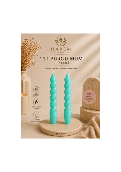 2 Li Su Yeşili Burgu Şamdan Mum Seti Dekoratif El Yapımı Spiral Mum Yeşil