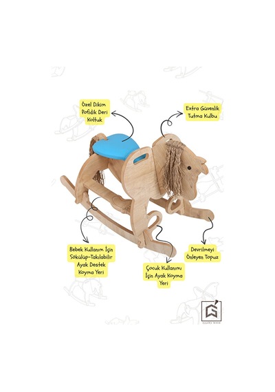 Ahşap Sallanan At-deri Koltuklu-ayak Destekli- Yeni Model -mavi