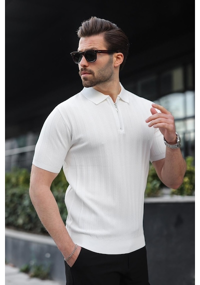 Madmext Beyaz Yarım Fermuarlı Polo Yaka Erkek Kazak E7458 Beyaz