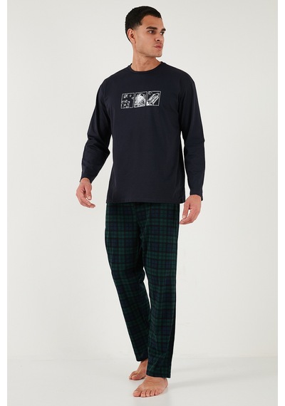 Buratti Ekoseli Pamuklu Regular Fit Yüksek Bel Bisiklet Yaka Erkek Pijama Takımı 6574000 Lacivert