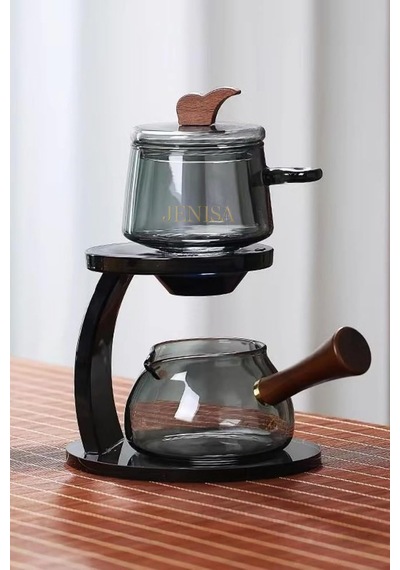 Borosilikat Cam Demlik Seti Zen Çaydanlık Döndür Akıt Sistemi Sihirli Bitki Çayı Demliği Antrasit