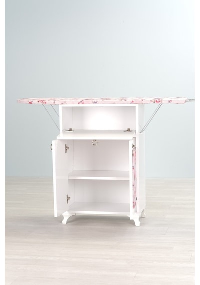 Mistik Home Rose Katlanır Dolaplı Ütü Masası Beyaz Gövde, Pembe Çiçek Desenli Beyaz/pembe