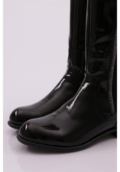 Dgn 508-22k Kadin Arkasi Stretch Yan Taşli Şerit Knee High Flats Çizme 508-1557-R1645 Siyah Rugan