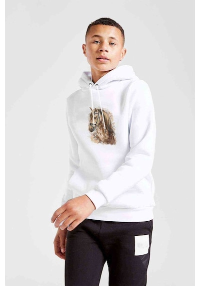 Tshirthane Watercolor Horse Baskılı Unisex Çocuk Kapüşonlu Beyaz Sweatshirt (528876354) Beyaz