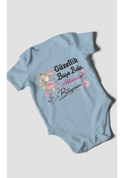 Morivokids Güzellik Başa Bela Ablamdan Biliyorum Kısa Kollu Bebek Body %100 Pamuk Bebe Mavisi