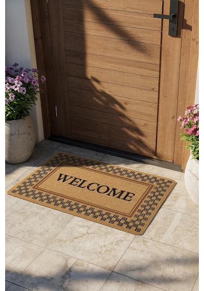Coco Entry Ps029a Damalı Çerçeve Welcome Desen Kalın Kaymaz Taban Nem Alıcı Şık Kapı Önü Paspası Hardal